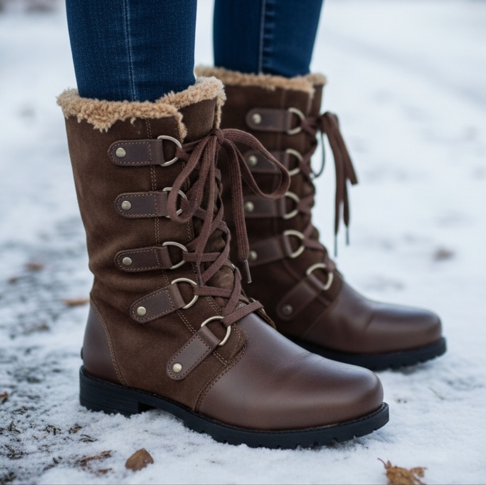 Sorel Brown Lace-Up Shearling-Trim Mid-Calf Boots